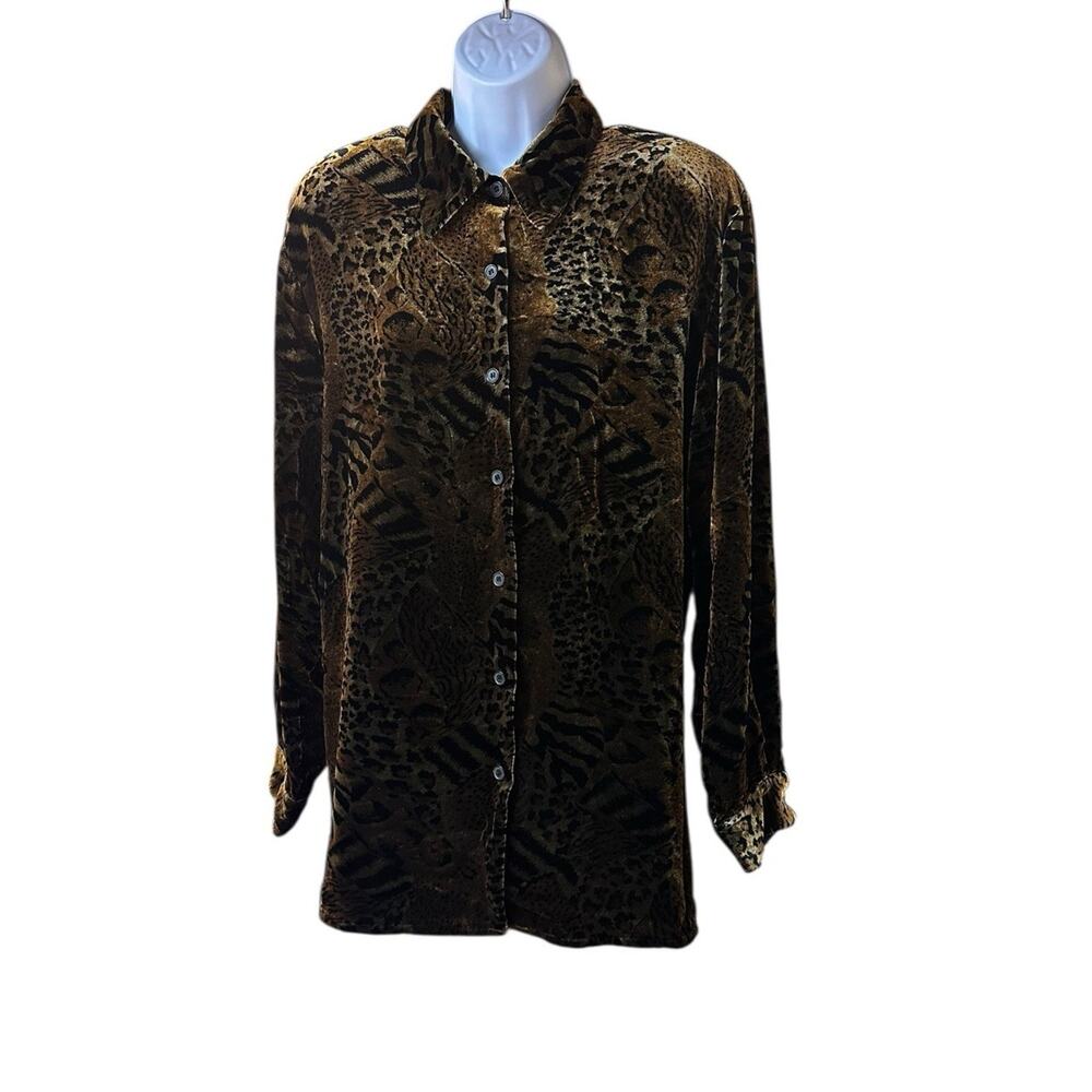 Corey B New York Burnout Velvet Animal Print Blouse Button Front READ